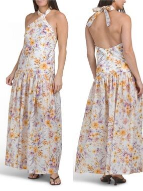 $395 Aqua Blu Australia Floral Halter Backless Maxi Dress in Yellow & Lavender